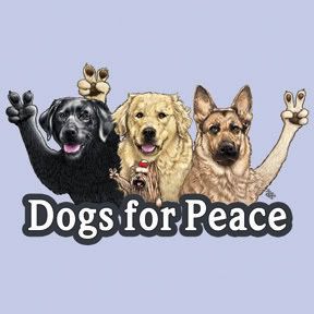 cartoon of various dog breeds holding up a peace sign